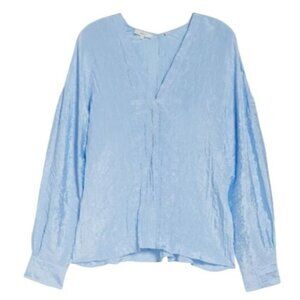 NEW! Vince Women's Double V-Neck Blouse Crinkle Cerulean Blue Long Sleeve 3X